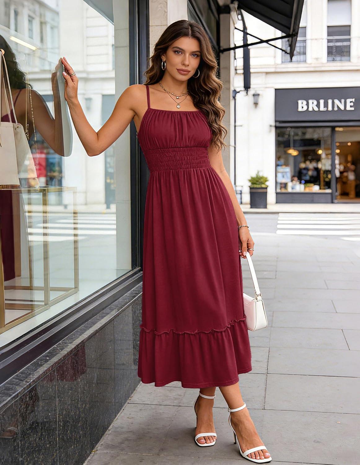 imageGRACE KARIN Womens Summer Maxi Dress 2026Smocked Ruched Bust Sundress with Adjustable Straps amp PocketsBeach Vacation DressBurgundy