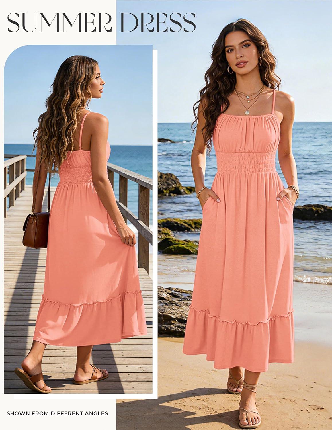 imageGRACE KARIN Womens Summer Maxi Dress 2026Smocked Ruched Bust Sundress with Adjustable Straps amp PocketsBeach Vacation DressCoral