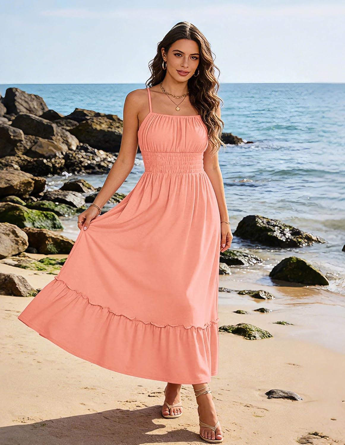imageGRACE KARIN Womens Summer Maxi Dress 2026Smocked Ruched Bust Sundress with Adjustable Straps amp PocketsBeach Vacation DressCoral