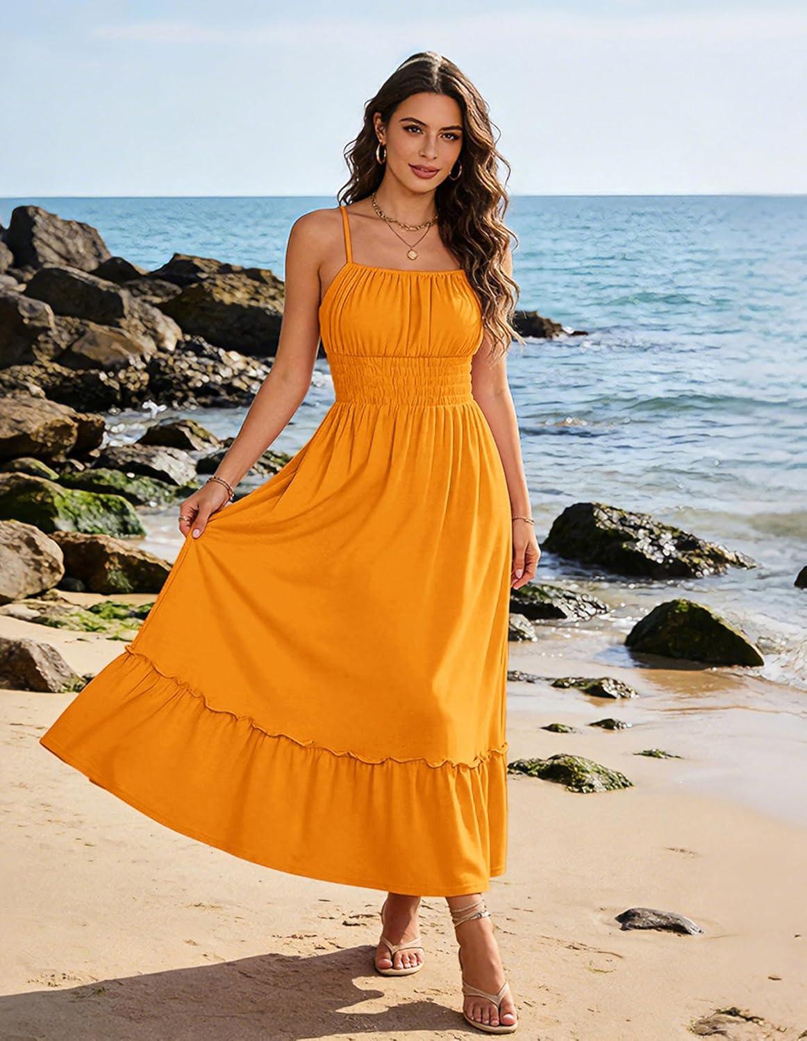 imageGRACE KARIN Womens Summer Maxi Dress 2026Smocked Ruched Bust Sundress with Adjustable Straps amp PocketsBeach Vacation DressMustard Yellow