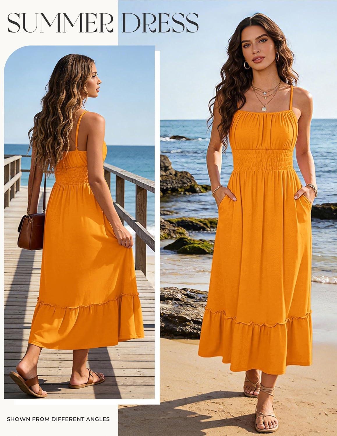 imageGRACE KARIN Womens Summer Maxi Dress 2026Smocked Ruched Bust Sundress with Adjustable Straps amp PocketsBeach Vacation DressMustard Yellow