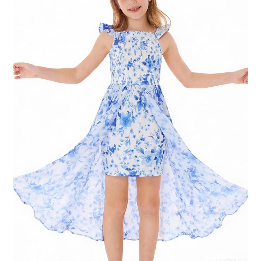 imageGRACE KARIN Girls Hawaiian Floral Smocked Dresses Girl Flutter Sleeve Spring Summer Dress Kids Easter Maxi Long DressesBlue Flower