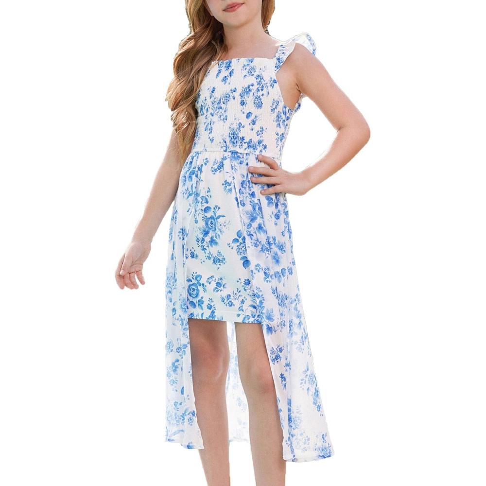 imageGRACE KARIN Girls Hawaiian Floral Smocked Dresses Girl Flutter Sleeve Spring Summer Dress Kids Easter Maxi Long DressesBlue and White