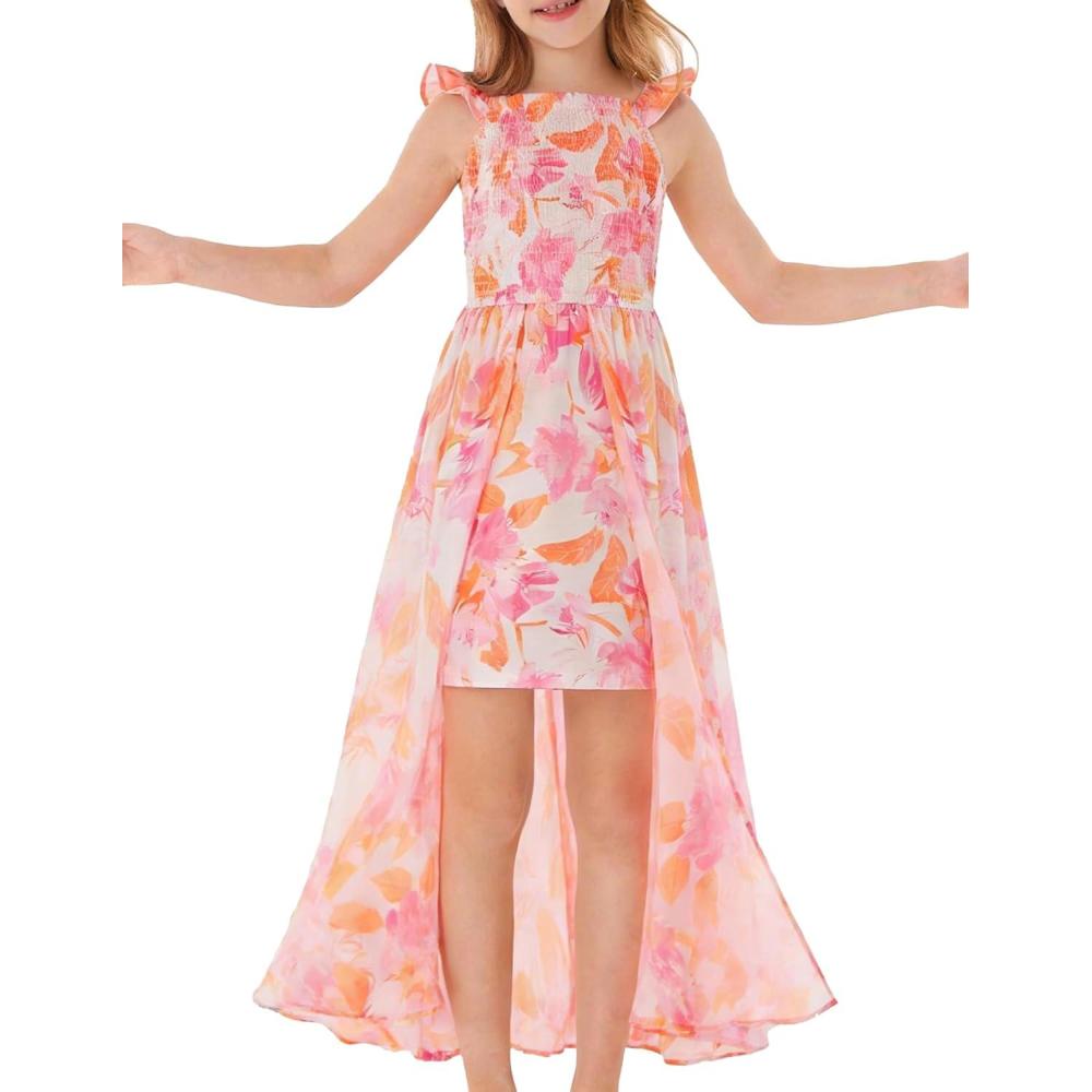 imageGRACE KARIN Girls Hawaiian Floral Smocked Dresses Girl Flutter Sleeve Spring Summer Dress Kids Easter Maxi Long DressesOrange