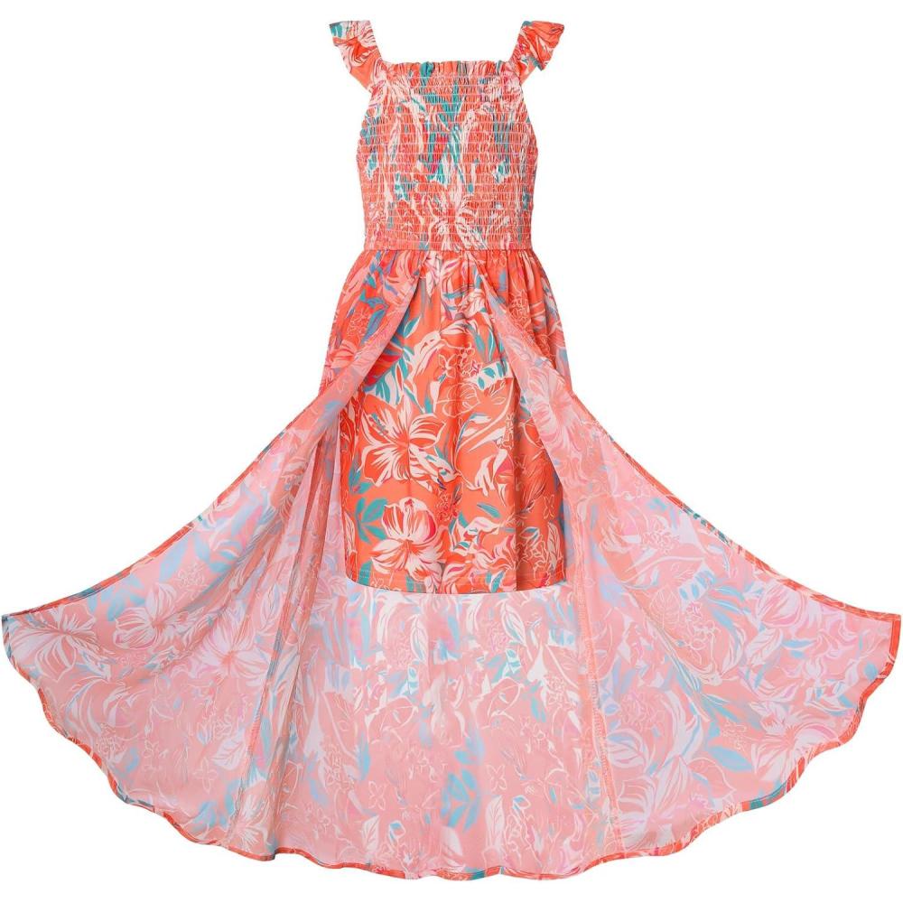 imageGRACE KARIN Girls Hawaiian Floral Smocked Dresses Girl Flutter Sleeve Spring Summer Dress Kids Easter Maxi Long DressesOrange Floral
