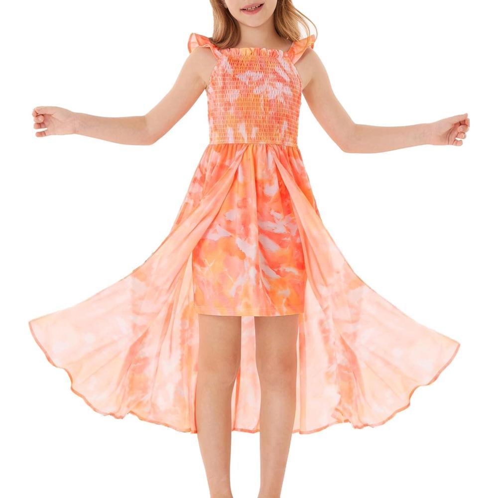 imageGRACE KARIN Girls Hawaiian Floral Smocked Dresses Girl Flutter Sleeve Spring Summer Dress Kids Easter Maxi Long DressesOrange Tiedye
