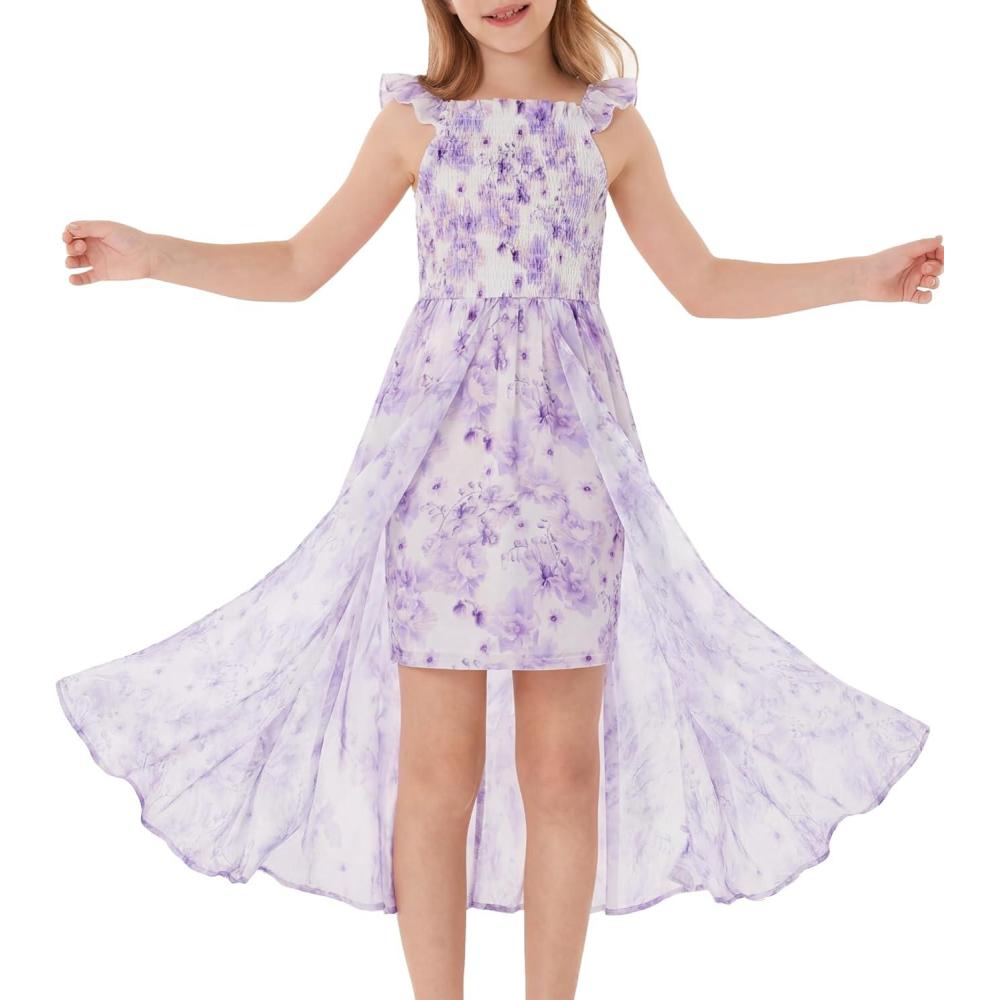 imageGRACE KARIN Girls Hawaiian Floral Smocked Dresses Girl Flutter Sleeve Spring Summer Dress Kids Easter Maxi Long DressesPurple Flower