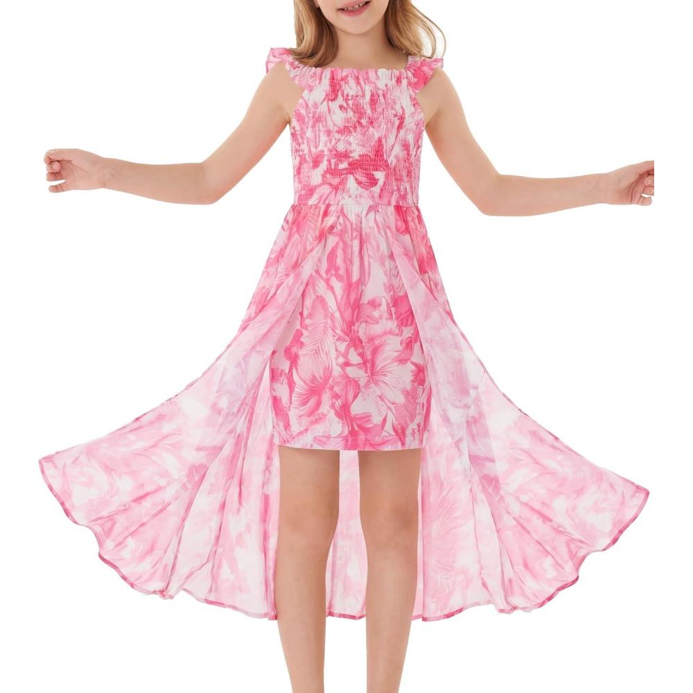 imageGRACE KARIN Girls Hawaiian Floral Smocked Dresses Girl Flutter Sleeve Spring Summer Dress Kids Easter Maxi Long DressesRose Red