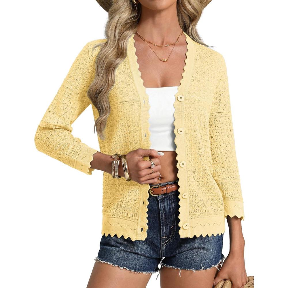 imageGRACE KARIN Womens 34 Sleeve Cardigan Lightweight Hollowed Crochet Shrug Trendy Summer Sweaters for Casual VacationLight Yellow