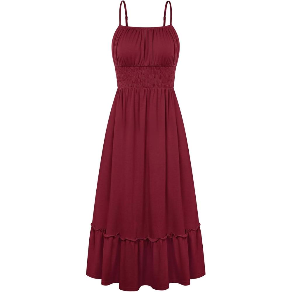 imageGRACE KARIN Womens Summer Maxi Dress 2026Smocked Ruched Bust Sundress with Adjustable Straps amp PocketsBeach Vacation DressBurgundy