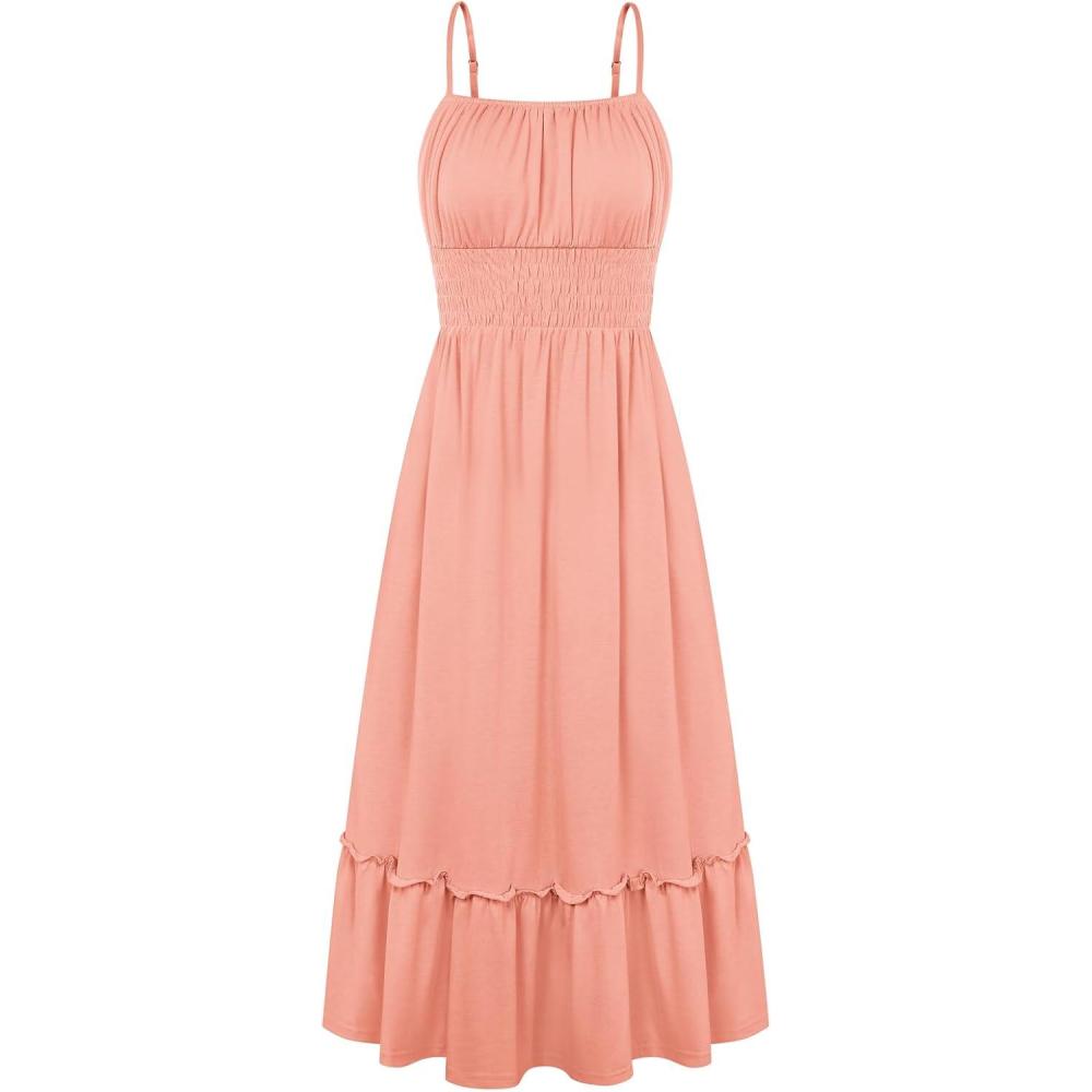 imageGRACE KARIN Womens Summer Maxi Dress 2026Smocked Ruched Bust Sundress with Adjustable Straps amp PocketsBeach Vacation DressCoral