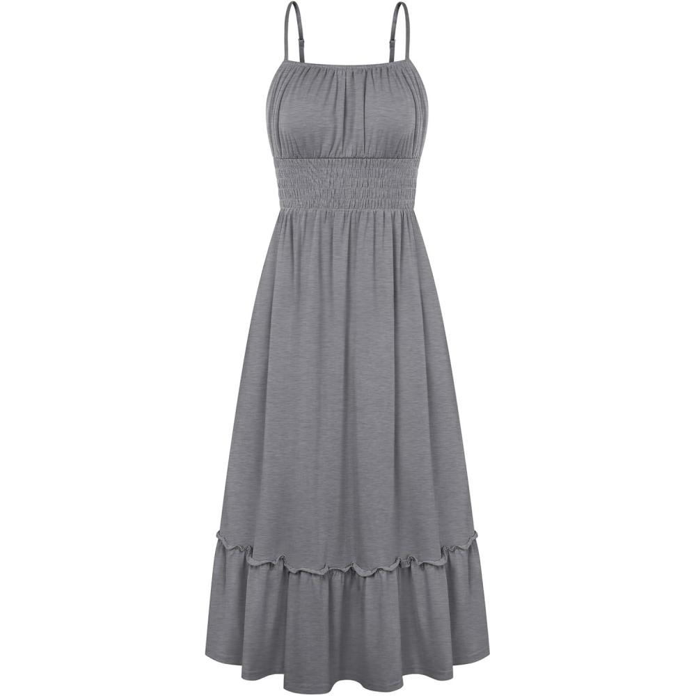 imageGRACE KARIN Womens Summer Maxi Dress 2026Smocked Ruched Bust Sundress with Adjustable Straps amp PocketsBeach Vacation DressGray