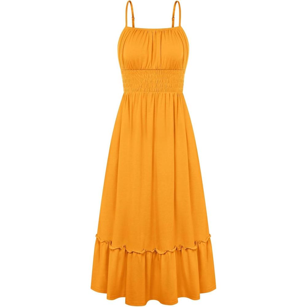 imageGRACE KARIN Womens Summer Maxi Dress 2026Smocked Ruched Bust Sundress with Adjustable Straps amp PocketsBeach Vacation DressMustard Yellow