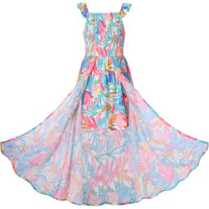 GRACE KARIN Girls Hawaiian Floral Smocked Dresses, Girl Flutter Sleeve Spring Summer Dress, Kids Easter Maxi Long Dresses(Blue Leaves)