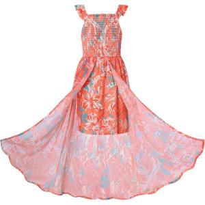 GRACE KARIN Girls Hawaiian Floral Smocked Dresses, Girl Flutter Sleeve Spring Summer Dress, Kids Easter Maxi Long Dresses(Orange Floral)