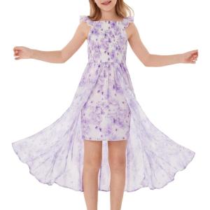 GRACE KARIN Girls Hawaiian Floral Smocked Dresses, Girl Flutter Sleeve Spring Summer Dress, Kids Easter Maxi Long Dresses(Purple Flower)