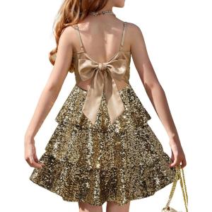GRACE KARIN Girls Sequin Formal Dresses Kids Party Special Occasion Fancy Dress Tie Back 3 Layer Prom Graduation Outfits(Black Gold)