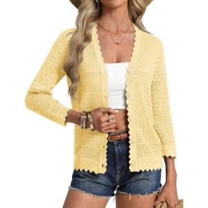 GRACE KARIN Women’s 3/4 Sleeve Cardigan Lightweight Hollowed Crochet Shrug Trendy Summer Sweaters for Casual Vacation(Light Yellow)