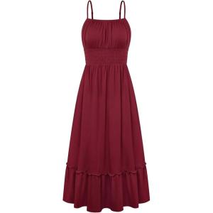 GRACE KARIN Women’s Summer Maxi Dress 2026,Smocked Ruched Bust Sundress with Adjustable Straps & Pockets-Beach Vacation Dress(Burgundy)