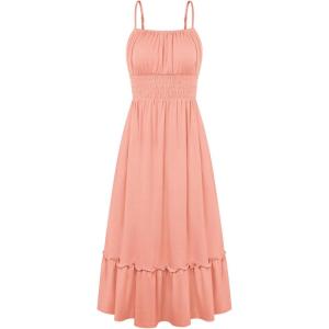 GRACE KARIN Women’s Summer Maxi Dress 2026,Smocked Ruched Bust Sundress with Adjustable Straps & Pockets-Beach Vacation Dress(Coral)