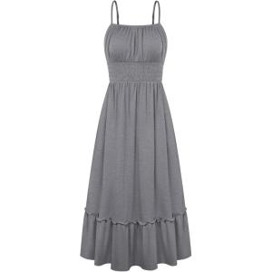 GRACE KARIN Women’s Summer Maxi Dress 2026,Smocked Ruched Bust Sundress with Adjustable Straps & Pockets-Beach Vacation Dress(Gray)