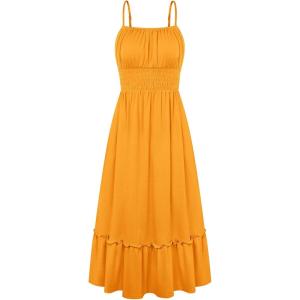 GRACE KARIN Women’s Summer Maxi Dress 2026,Smocked Ruched Bust Sundress with Adjustable Straps & Pockets-Beach Vacation Dress(Mustard Yellow)