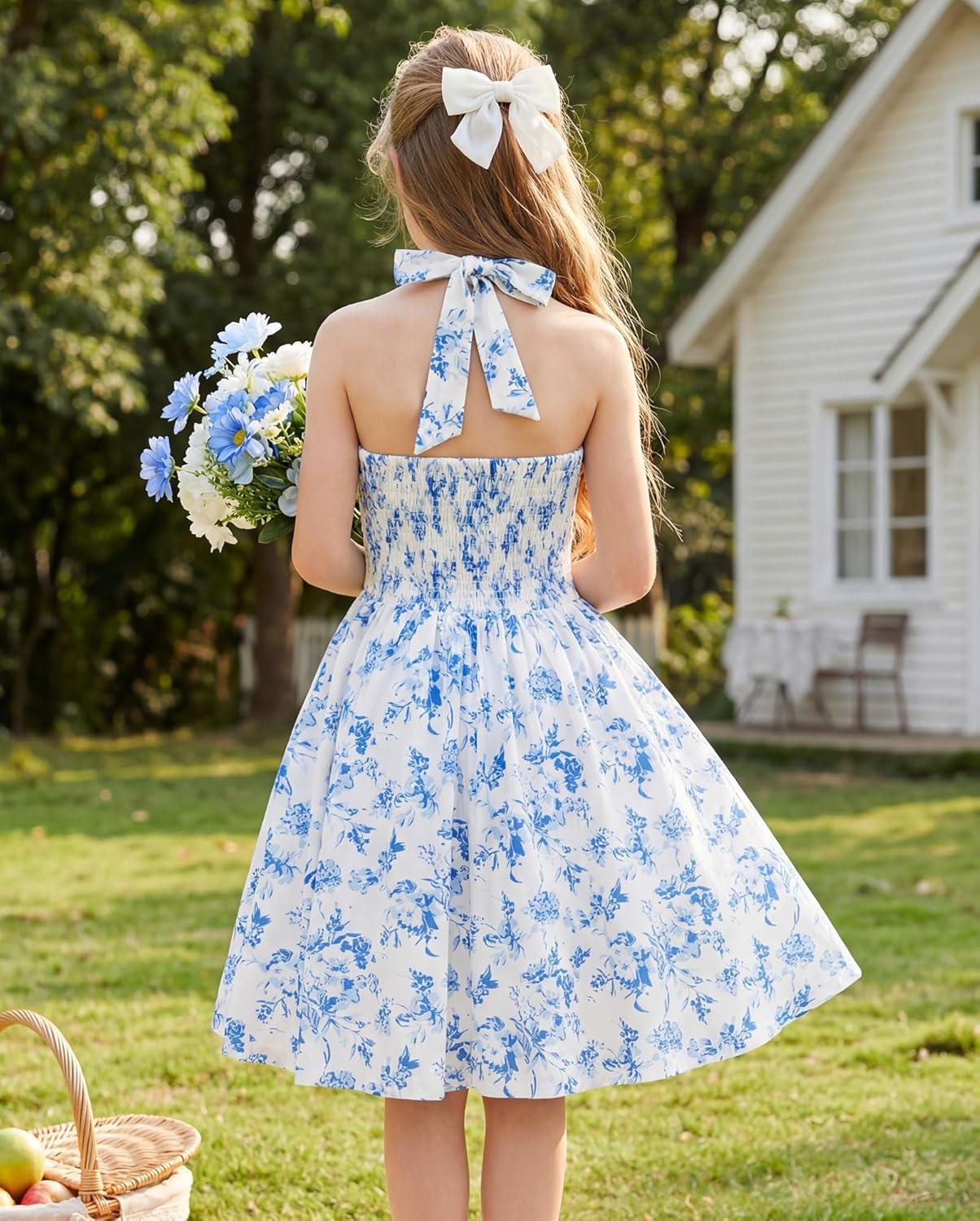 imageGRACE KARIN Girls Floral Summer Dress Spring Holiday Beach Party Sundress Halter Neck Tie Backless Dresses 716 YearsBlue