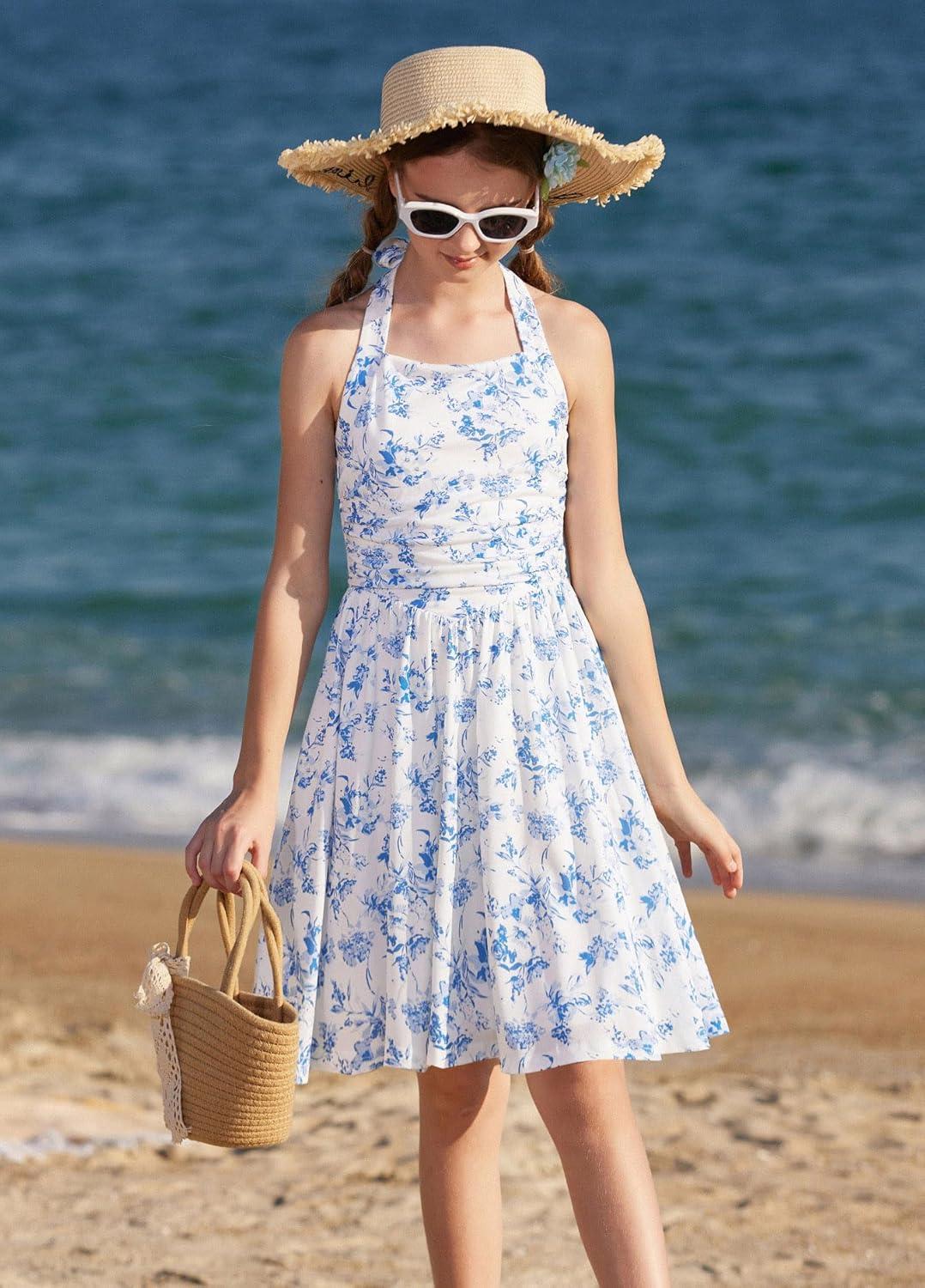 imageGRACE KARIN Girls Floral Summer Dress Spring Holiday Beach Party Sundress Halter Neck Tie Backless Dresses 716 YearsBlue