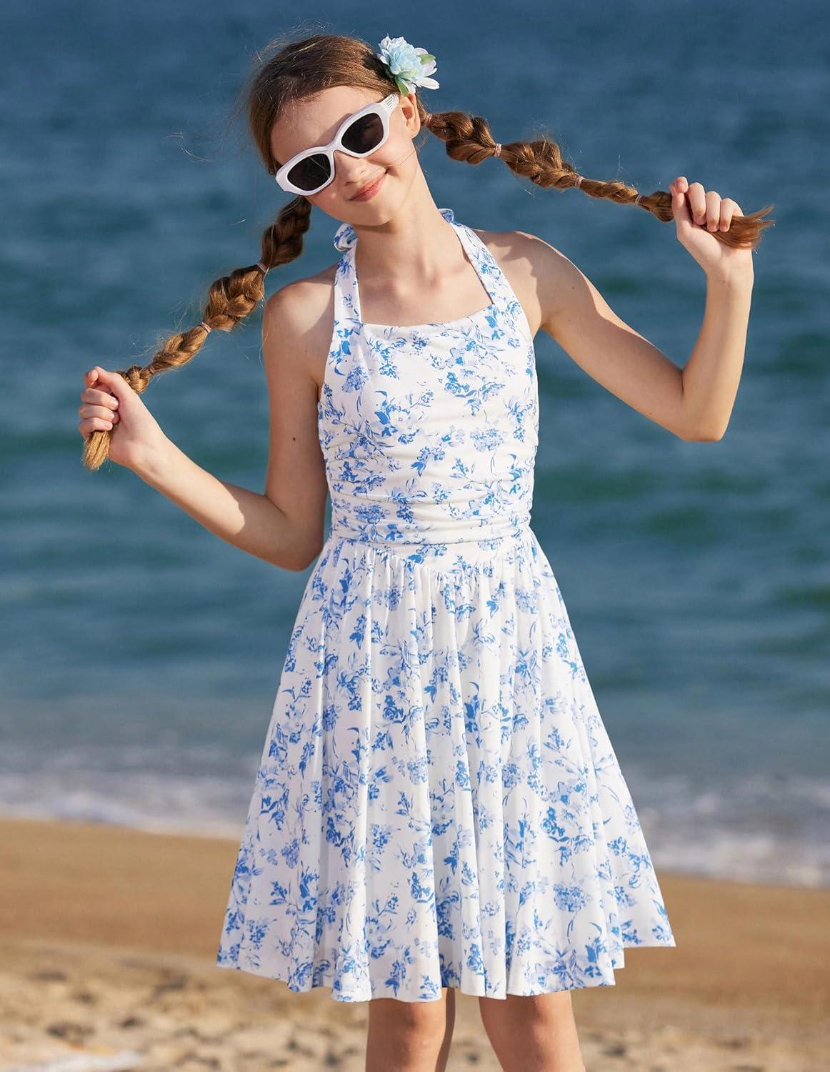 imageGRACE KARIN Girls Floral Summer Dress Spring Holiday Beach Party Sundress Halter Neck Tie Backless Dresses 716 YearsBlue
