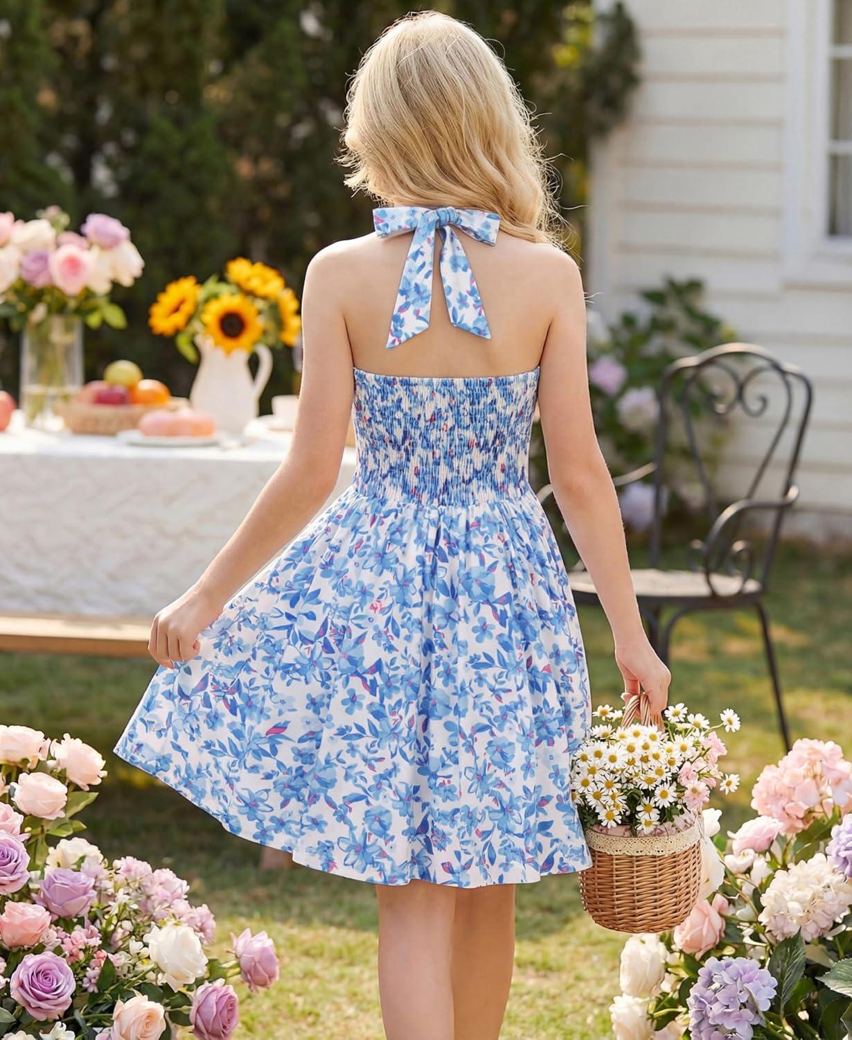 imageGRACE KARIN Girls Floral Summer Dress Spring Holiday Beach Party Sundress Halter Neck Tie Backless Dresses 716 YearsBluepurple Floral