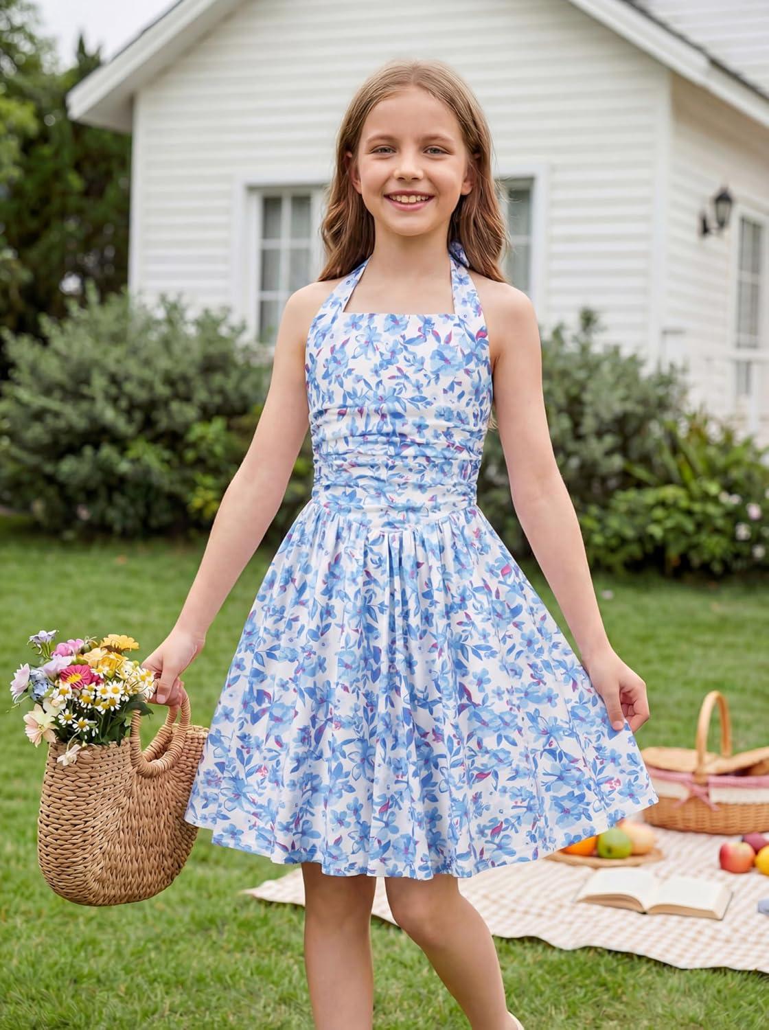imageGRACE KARIN Girls Floral Summer Dress Spring Holiday Beach Party Sundress Halter Neck Tie Backless Dresses 716 YearsBluepurple Floral