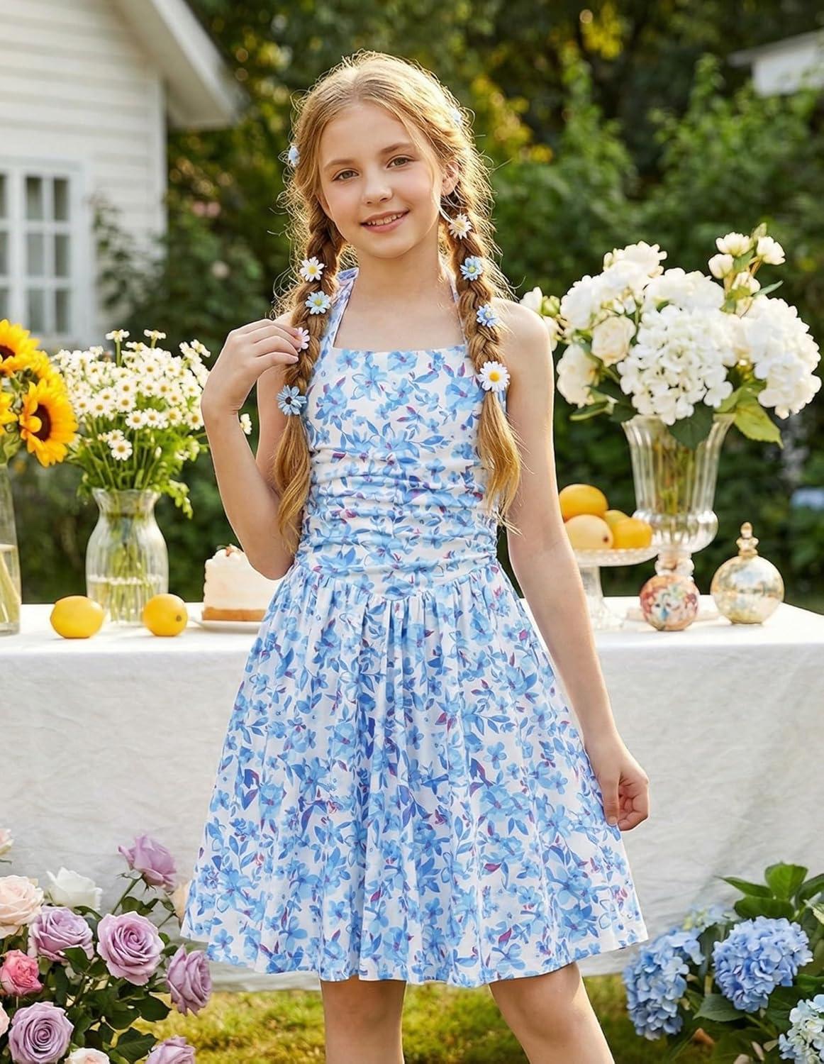 imageGRACE KARIN Girls Floral Summer Dress Spring Holiday Beach Party Sundress Halter Neck Tie Backless Dresses 716 YearsBluepurple Floral
