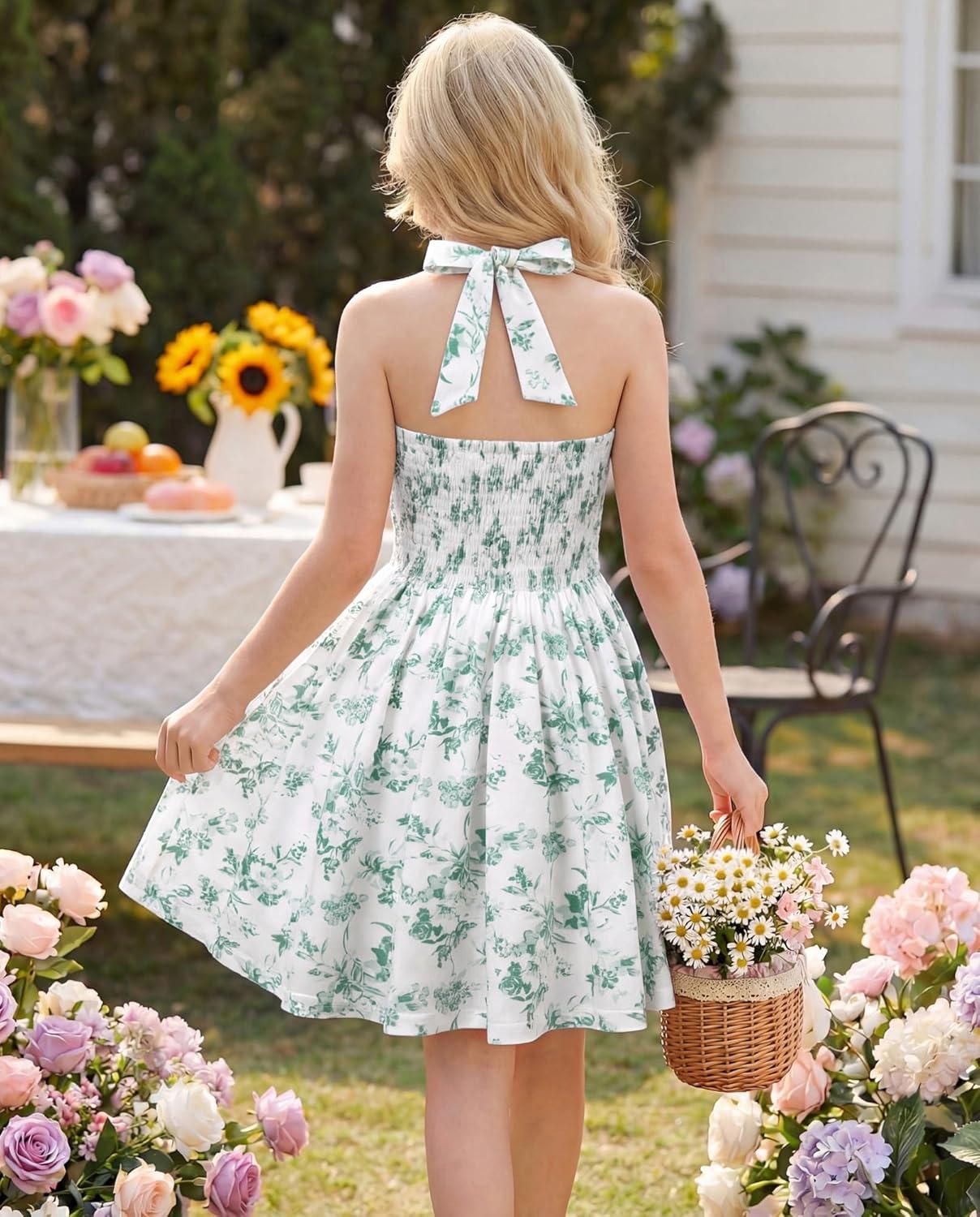 imageGRACE KARIN Girls Floral Summer Dress Spring Holiday Beach Party Sundress Halter Neck Tie Backless Dresses 716 YearsGreen White Floral