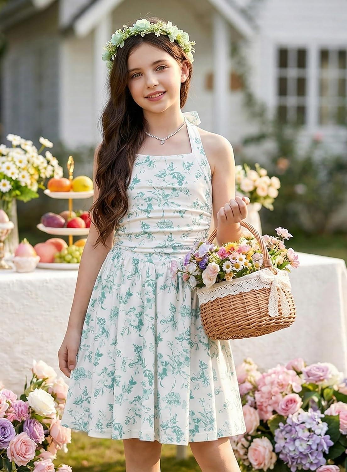 imageGRACE KARIN Girls Floral Summer Dress Spring Holiday Beach Party Sundress Halter Neck Tie Backless Dresses 716 YearsGreen White Floral