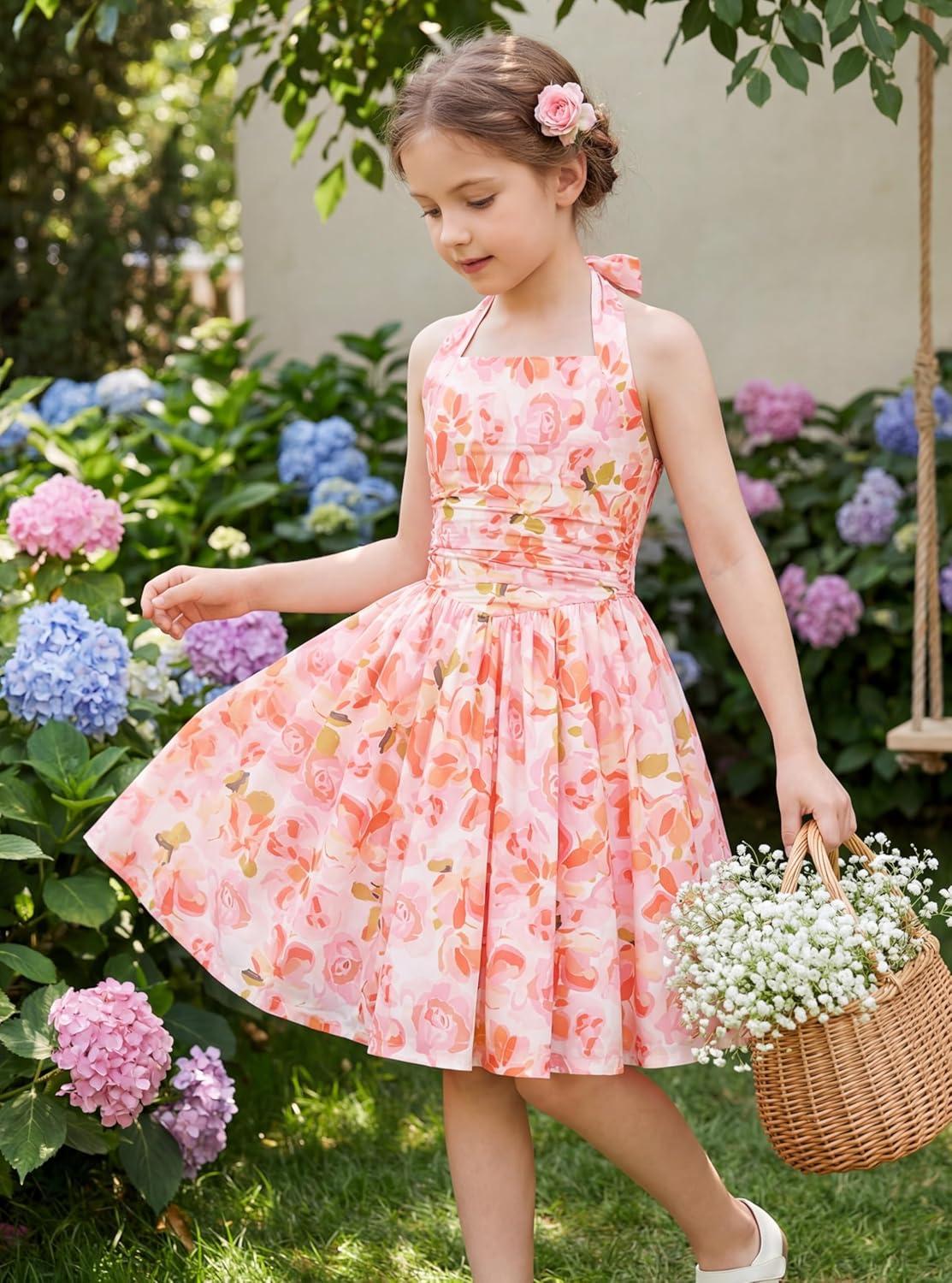 imageGRACE KARIN Girls Floral Summer Dress Spring Holiday Beach Party Sundress Halter Neck Tie Backless Dresses 716 YearsOrange Floral