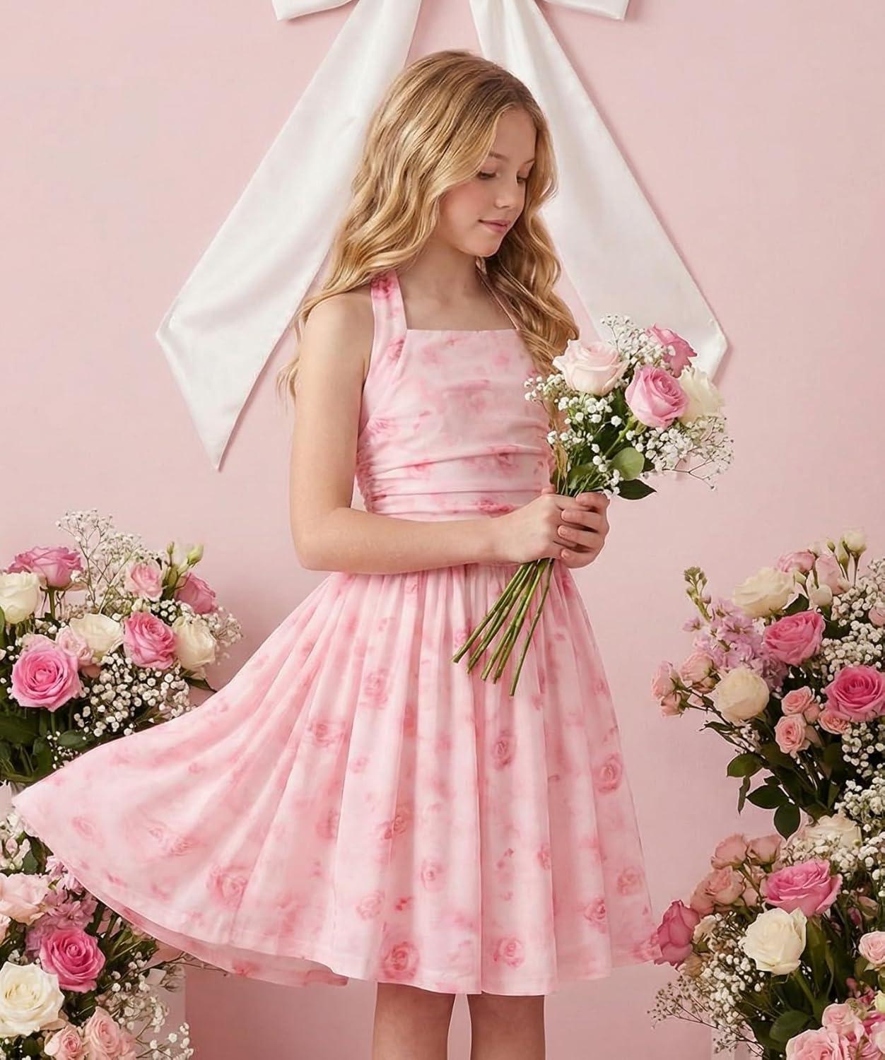 imageGRACE KARIN Girls Floral Summer Dress Spring Holiday Beach Party Sundress Halter Neck Tie Backless Dresses 716 YearsPink Rose Floral