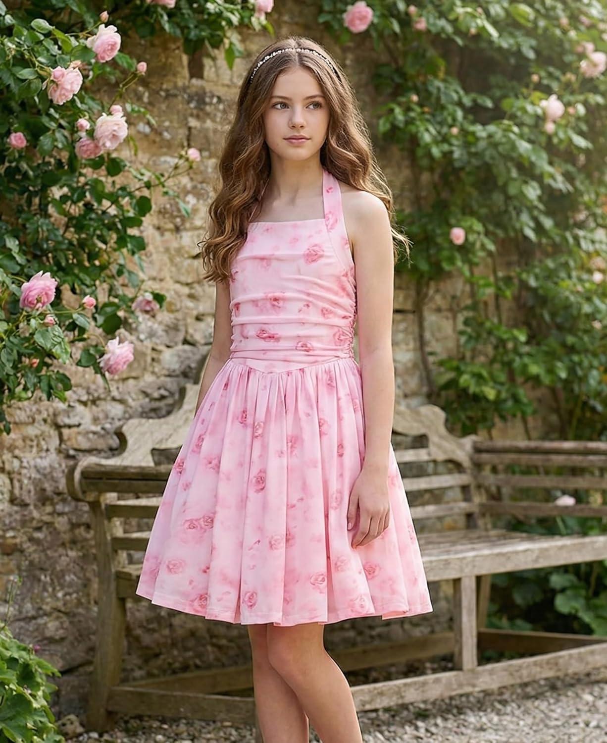 imageGRACE KARIN Girls Floral Summer Dress Spring Holiday Beach Party Sundress Halter Neck Tie Backless Dresses 716 YearsPink Rose Floral