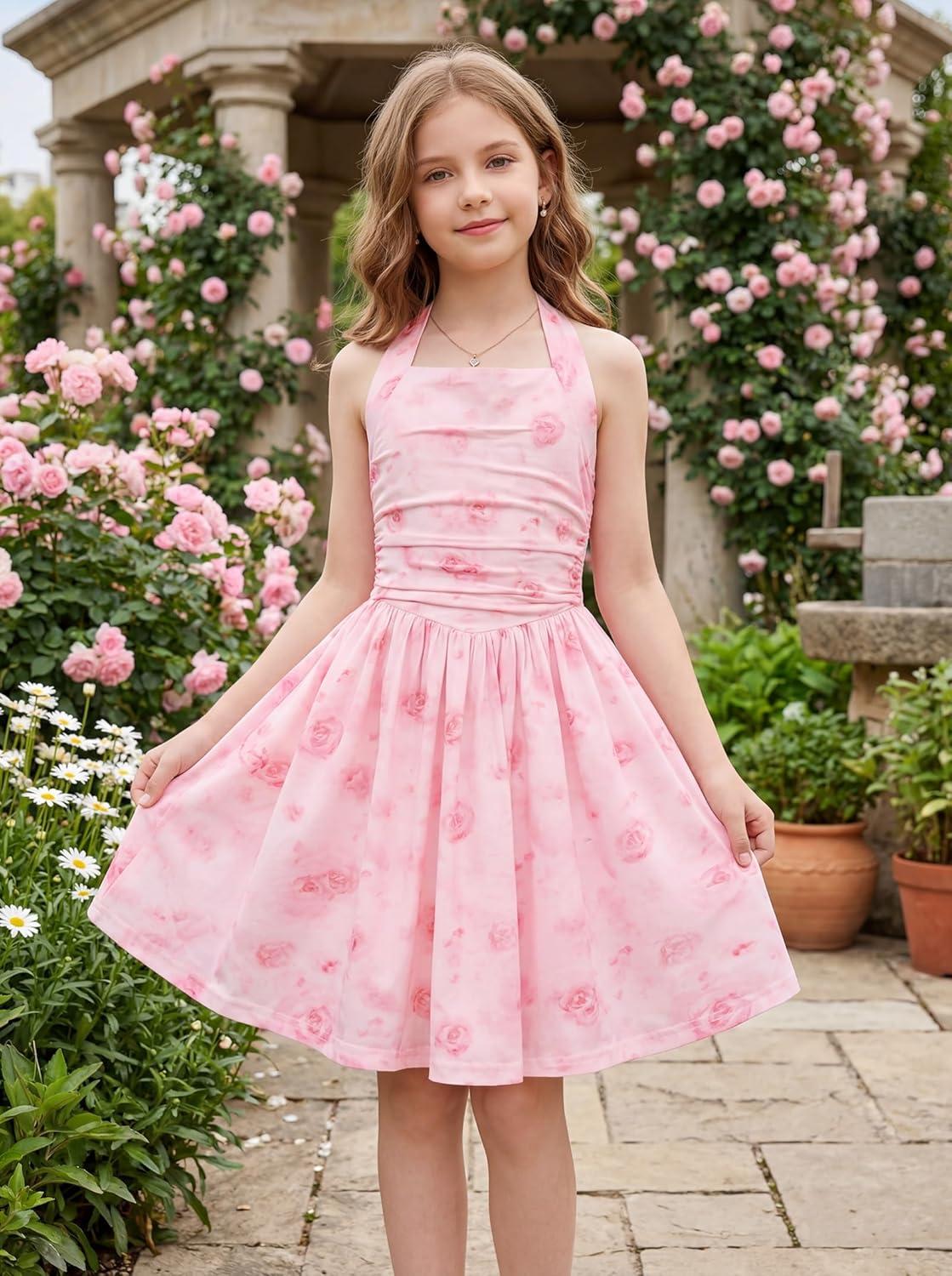 imageGRACE KARIN Girls Floral Summer Dress Spring Holiday Beach Party Sundress Halter Neck Tie Backless Dresses 716 YearsPink Rose Floral