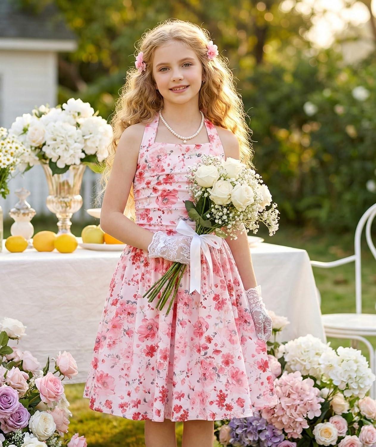 imageGRACE KARIN Girls Floral Summer Dress Spring Holiday Beach Party Sundress Halter Neck Tie Backless Dresses 716 YearsPinkred Floral