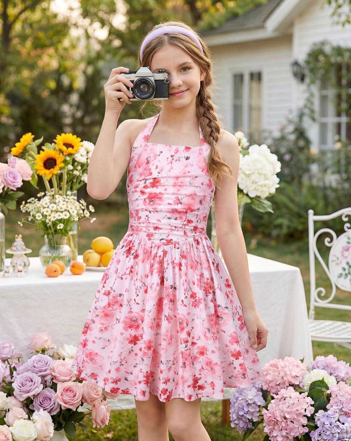 imageGRACE KARIN Girls Floral Summer Dress Spring Holiday Beach Party Sundress Halter Neck Tie Backless Dresses 716 YearsPinkred Floral