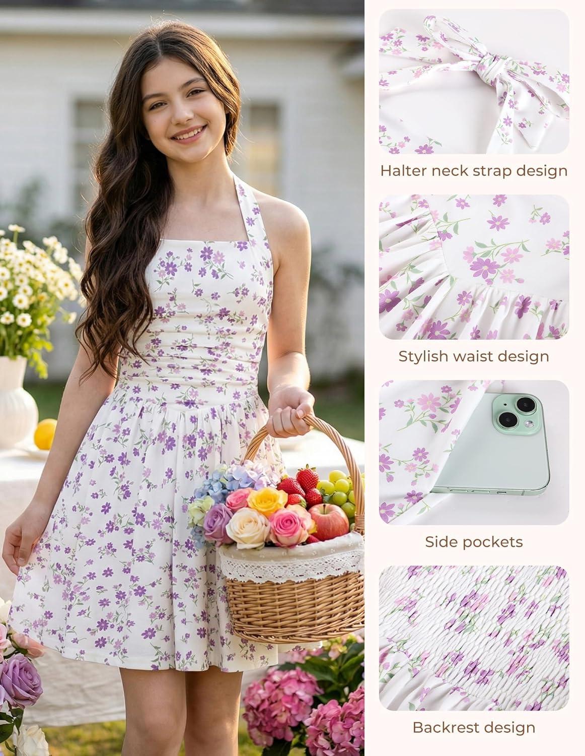 imageGRACE KARIN Girls Floral Summer Dress Spring Holiday Beach Party Sundress Halter Neck Tie Backless Dresses 716 YearsPurple