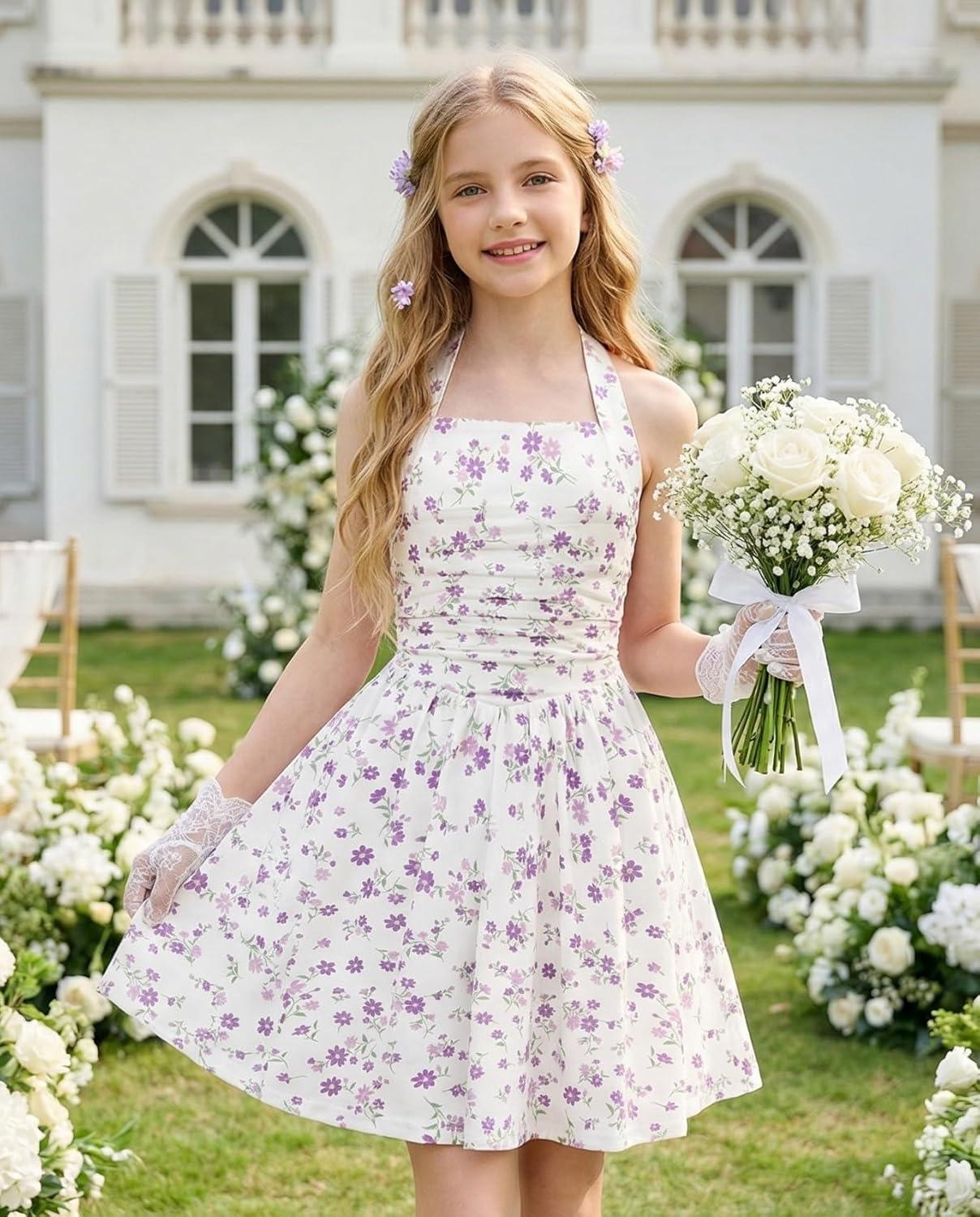 imageGRACE KARIN Girls Floral Summer Dress Spring Holiday Beach Party Sundress Halter Neck Tie Backless Dresses 716 YearsPurple