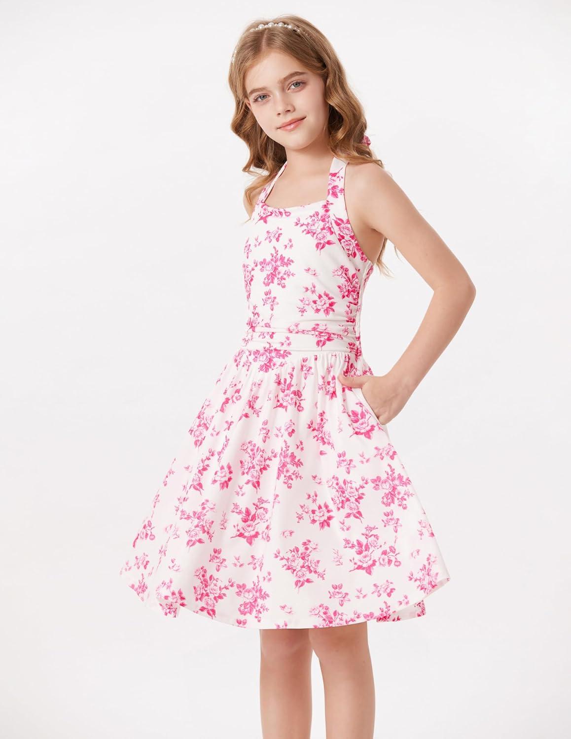 imageGRACE KARIN Girls Floral Summer Dress Spring Holiday Beach Party Sundress Halter Neck Tie Backless Dresses 716 YearsRose Red