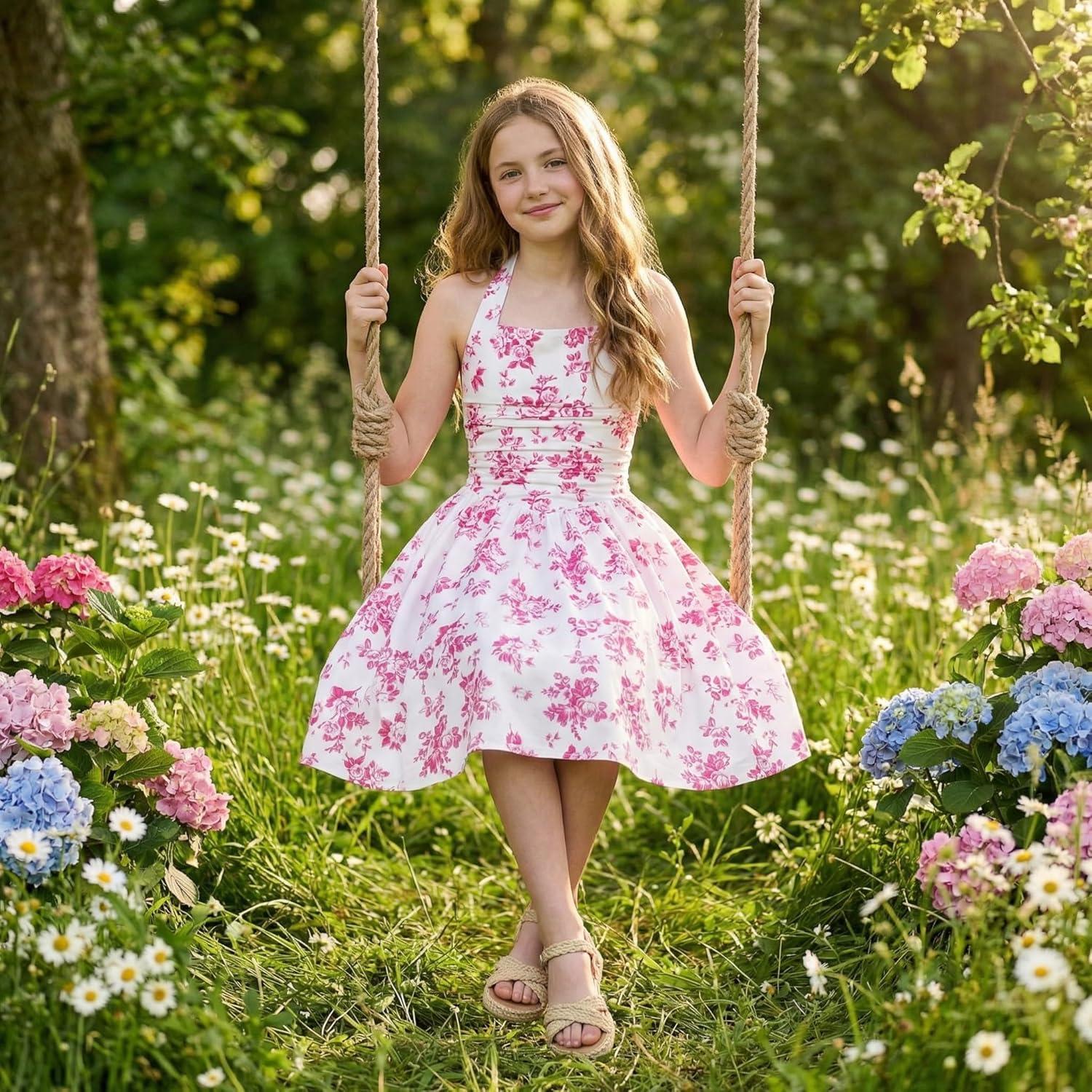 imageGRACE KARIN Girls Floral Summer Dress Spring Holiday Beach Party Sundress Halter Neck Tie Backless Dresses 716 YearsRose Red