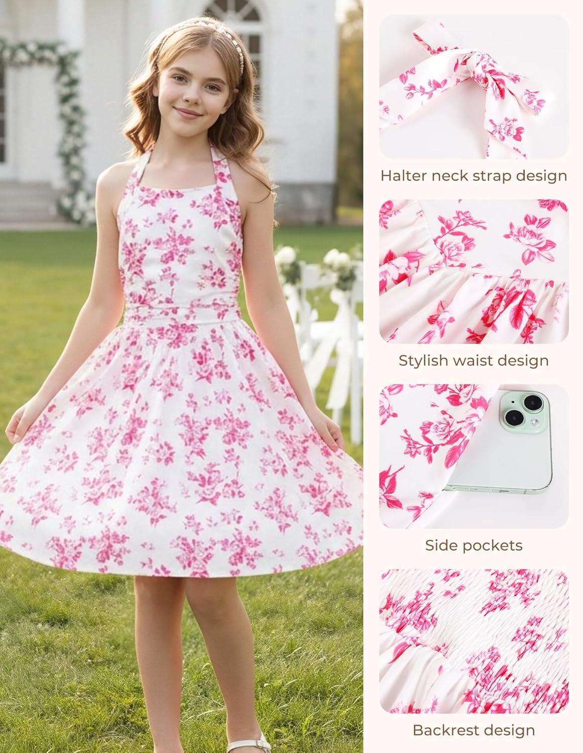 imageGRACE KARIN Girls Floral Summer Dress Spring Holiday Beach Party Sundress Halter Neck Tie Backless Dresses 716 YearsRose Red