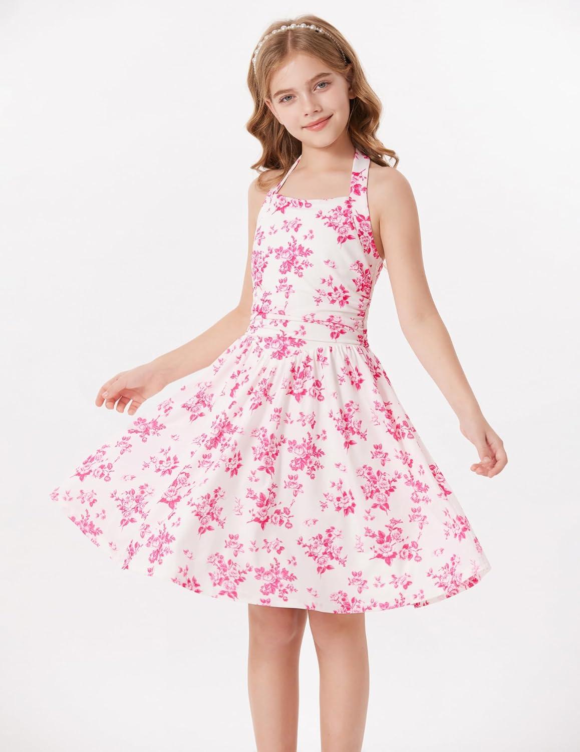 imageGRACE KARIN Girls Floral Summer Dress Spring Holiday Beach Party Sundress Halter Neck Tie Backless Dresses 716 YearsRose Red