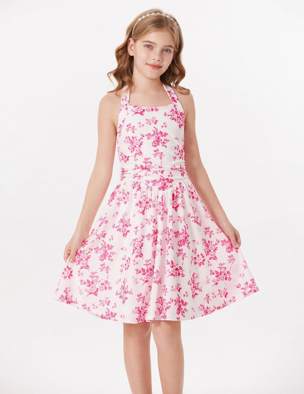 imageGRACE KARIN Girls Floral Summer Dress Spring Holiday Beach Party Sundress Halter Neck Tie Backless Dresses 716 YearsRose Red