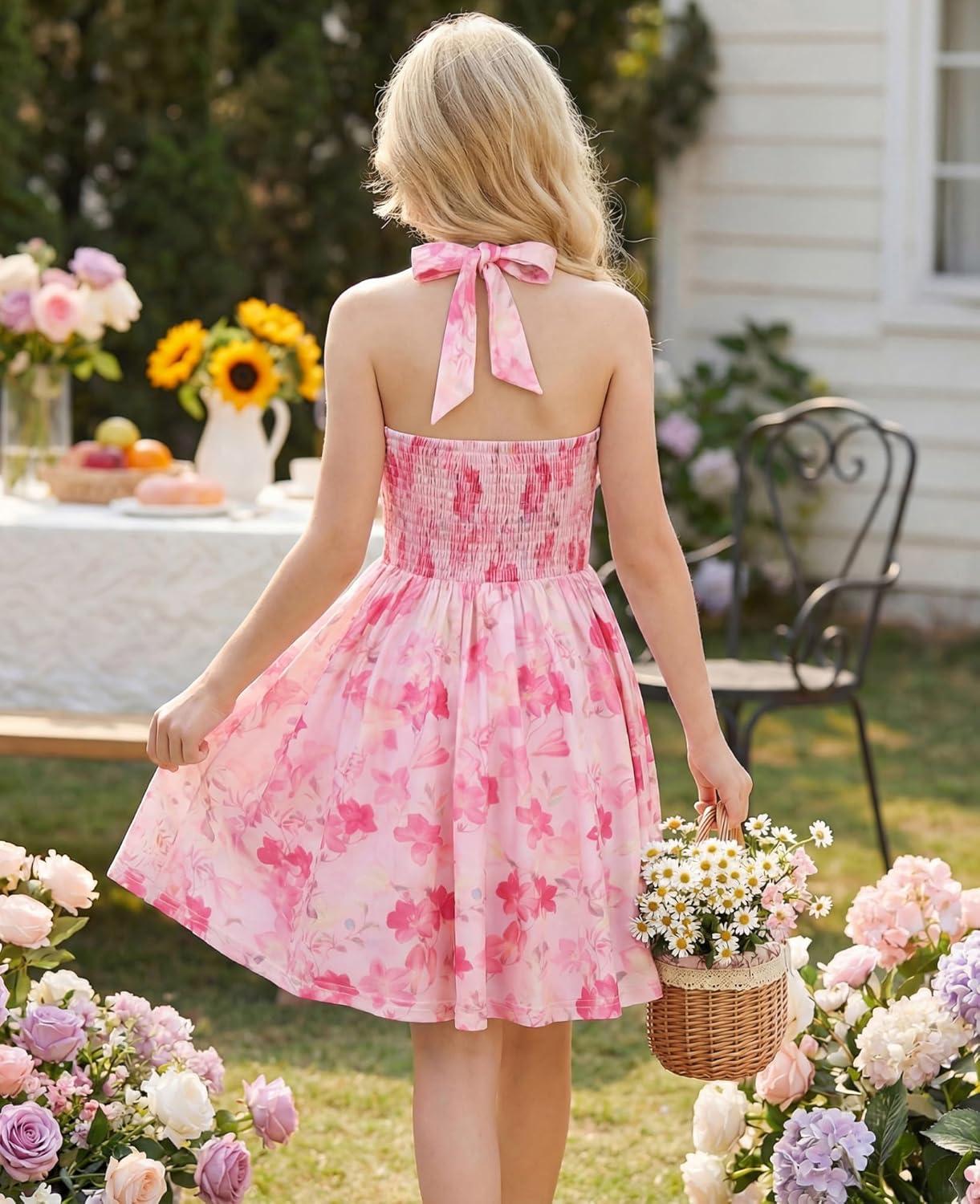 imageGRACE KARIN Girls Floral Summer Dress Spring Holiday Beach Party Sundress Halter Neck Tie Backless Dresses 716 YearsRose Redyellow Floral