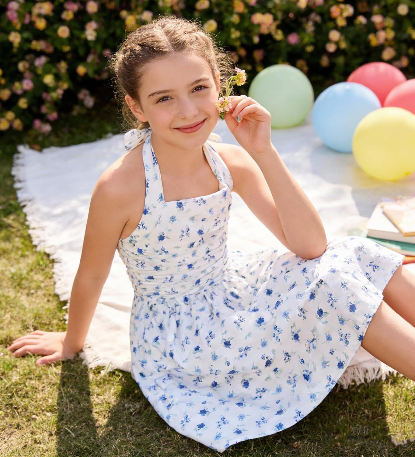 imageGRACE KARIN Girls Floral Summer Dress Spring Holiday Beach Party Sundress Halter Neck Tie Backless Dresses 716 YearsWhite and Blue Floral