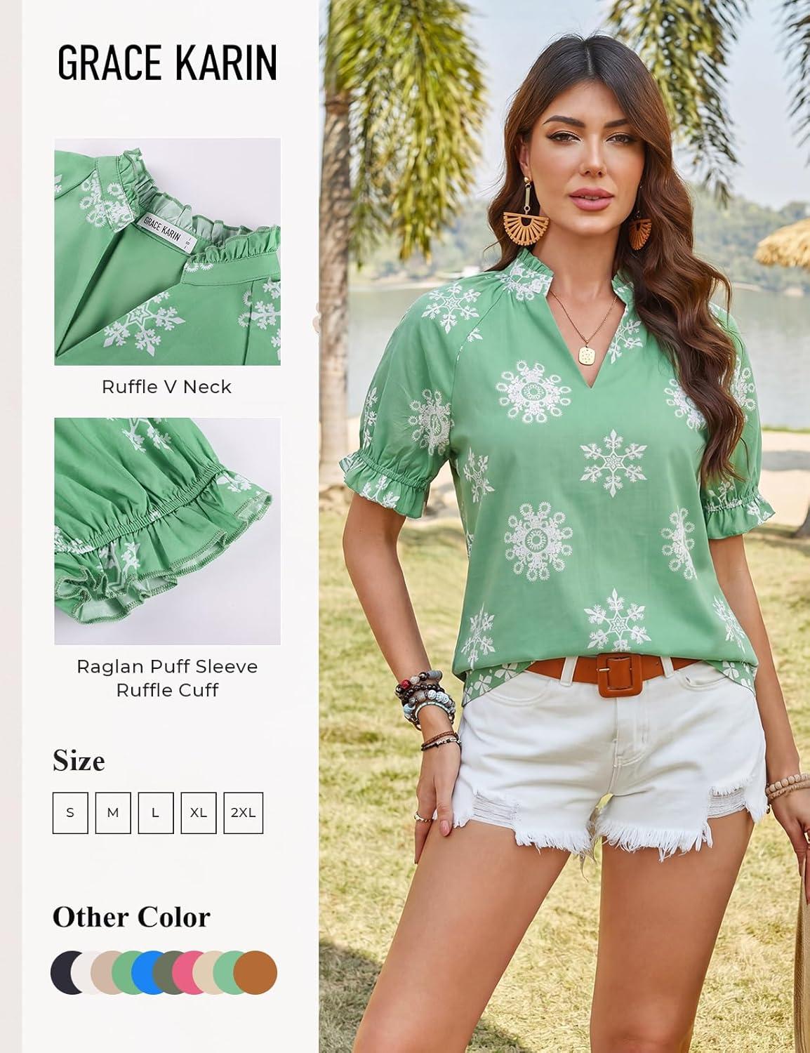 imageGRACE KARIN Womens Boho Tops Summer Spring Cotton Floral Blouses Short Sleeve Print Shirts V Neck Beach Vacation Clothes 2026Green Boho Floral